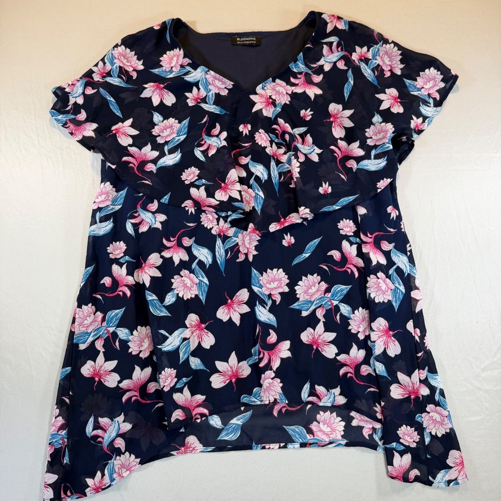 Bloomchic Navy Pink Floral Ruffle Flutter Sleeve Blouse Top US 14-16 L XL